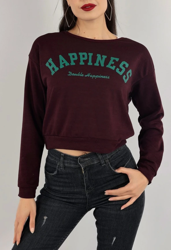 Baskılı Crop Sweatshirt Mor