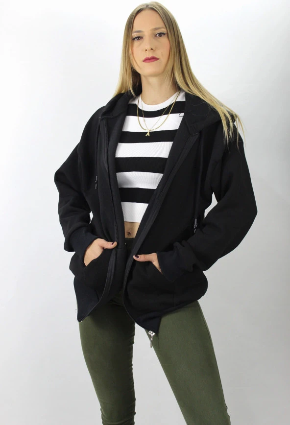 Fermuarlı Üç İplik Kapşonlu Sweatshirt Siyah - 2