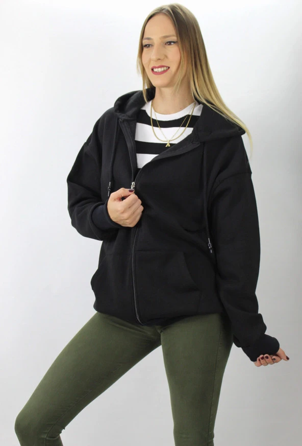 Fermuarlı Üç İplik Kapşonlu Sweatshirt Siyah - 3