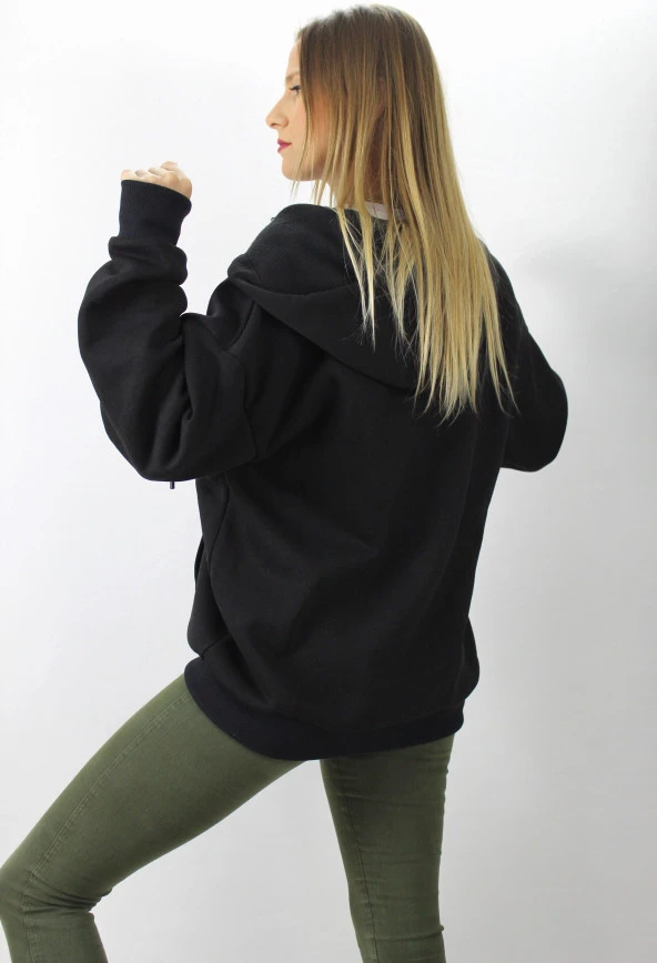 Fermuarlı Üç İplik Kapşonlu Sweatshirt Siyah - 4