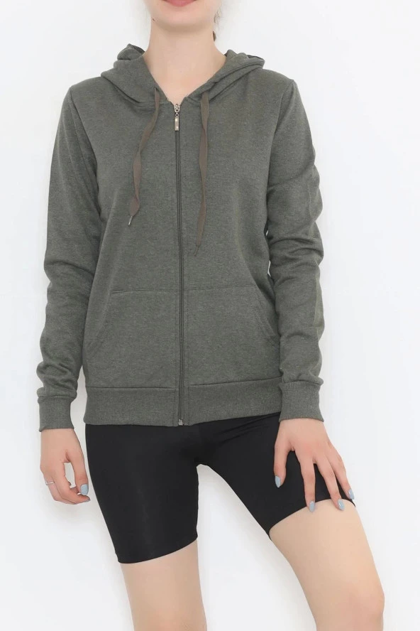 Kapşonlu Fermuarlı Sweatshirt Haki - 2
