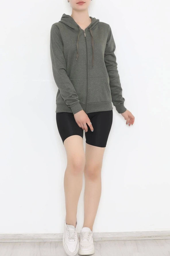 Kapşonlu Fermuarlı Sweatshirt Haki - 5
