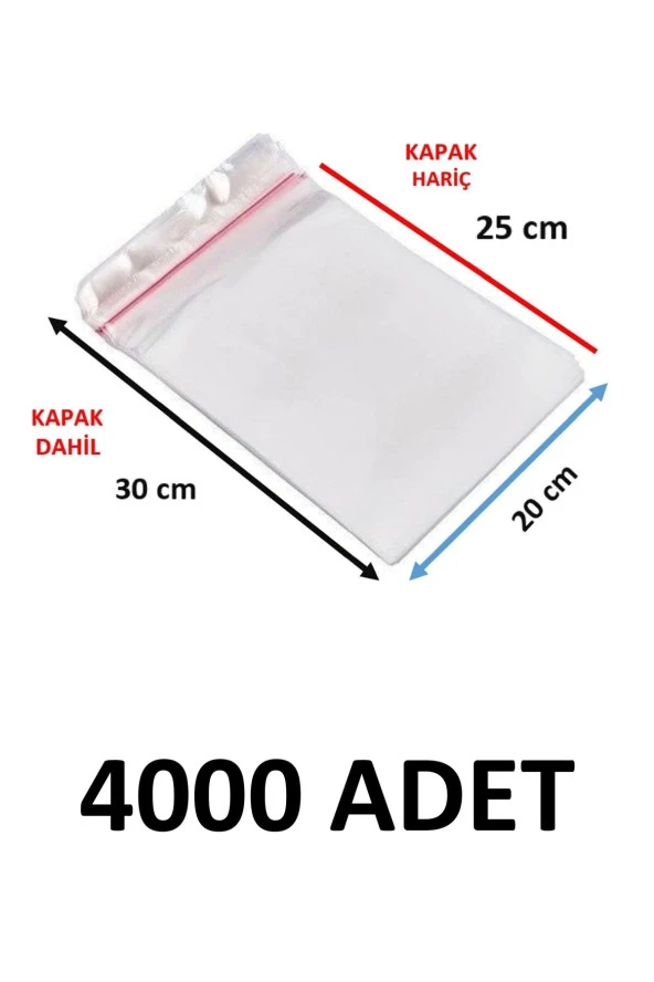 4000 Adet Şeffaf Yapışkanlı Poşet - Opp Kendinden Yapışkanlı Parlak Poşet 20x30 Cm