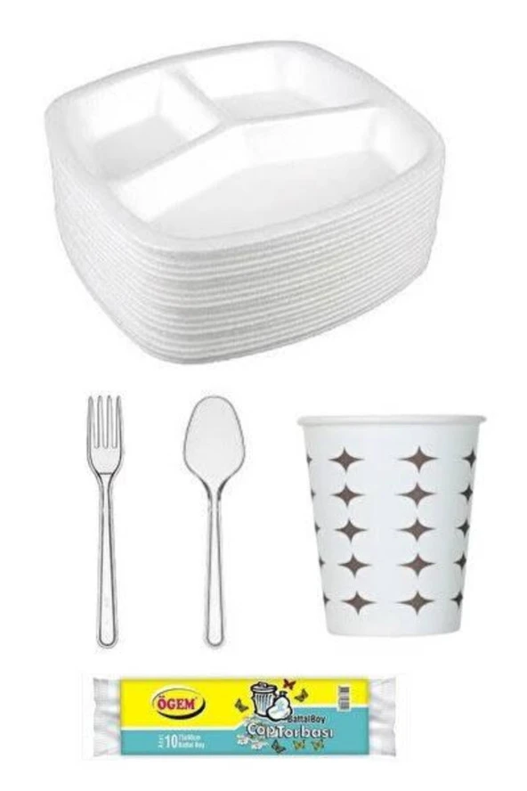 Piknik Seti 50 Karton Bardak 50 Tabak 50 Çatal 50 Kaşık 1 Pk Çöp Poseti