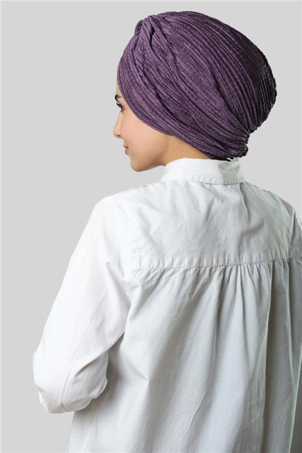 Mor Çapraz Büzgülü Piliseli Tesettür Bone Fukuro Kendinden Desenli 2316_22 - Resim 4