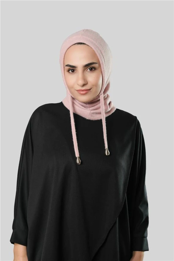 Pudra Bağcıklı Peluş Balaklava Boyunluklu Bere Jakar Düz 2327_06 - 3