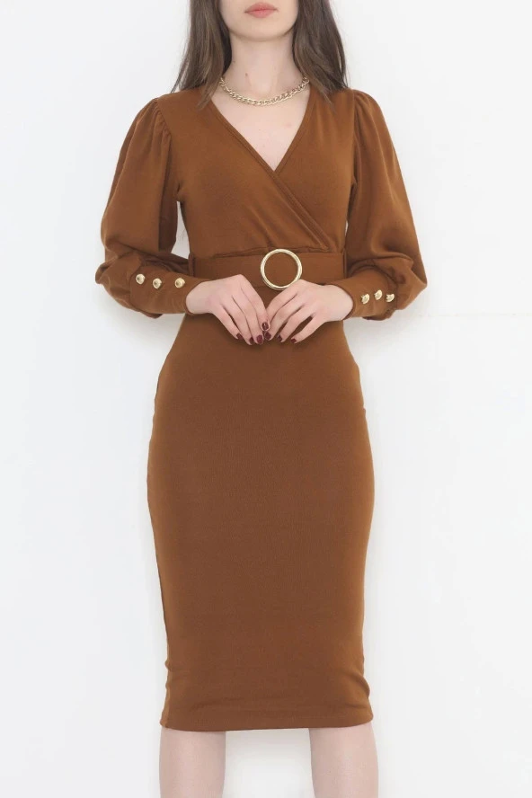 Kemerli Kruvaze Elbise Kahve - Resim 3