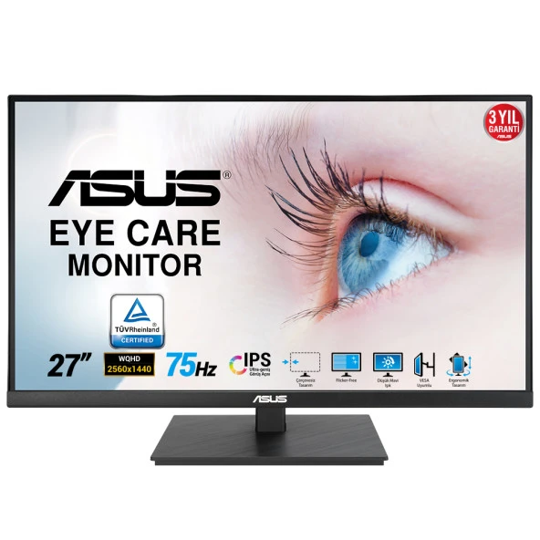 ASUS VA27AQSB 27" LED IPS 1ms 75Hz 2560x1440 WQHD HDMI DP USB Multimedya (Vesa) Pivot Sync Low Blue Siyah Monitör