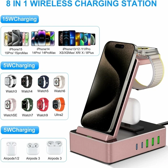 Tacelary 8'i 1 arada 100W Alüminyum Alaşımlı Şarj İstasyonu - Pembe - 2