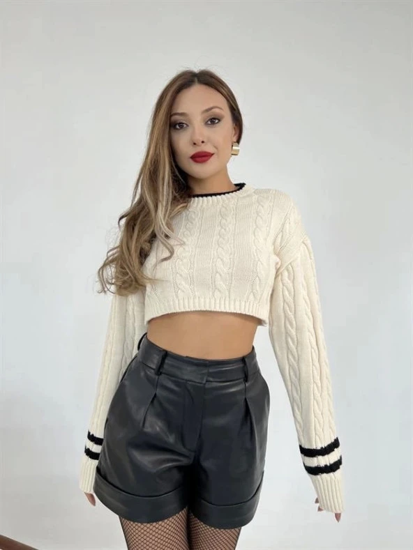 3925 Triko Saç Örgü Crop Kazak-Krem-Siyah - 2
