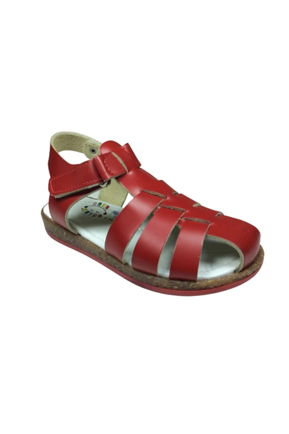1001 Patik Unisex Kız Erkek Sandalet Kırmızı Direkli Bilekten Cırtlı  100 Deri