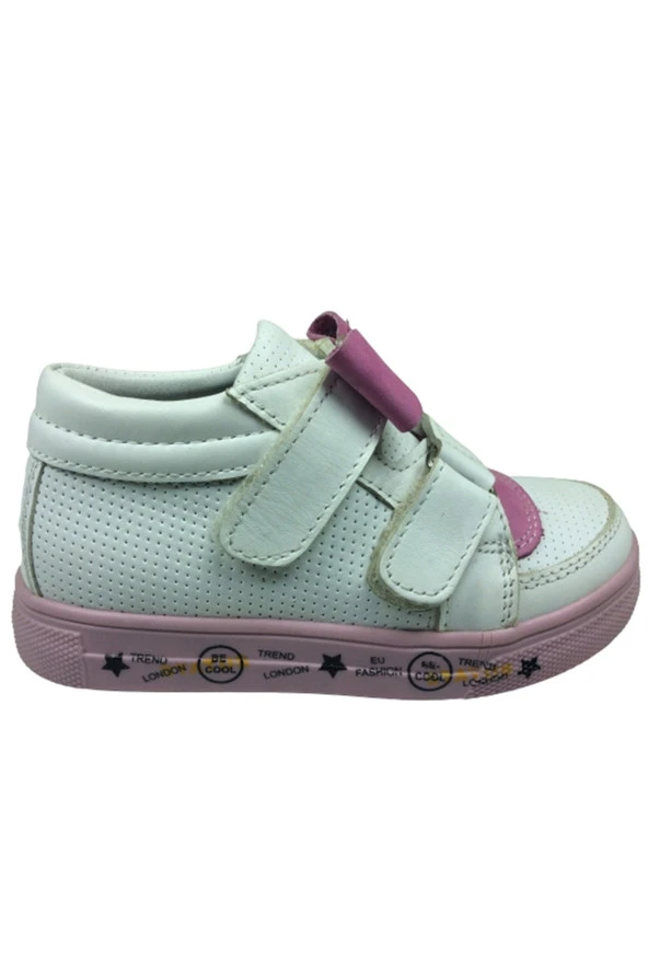 Bebek Spor Ayakkabı Kız Çocuk Beyaz-pembe Fiyonklu Cırtlı  100 Deri