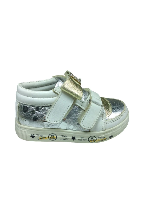 Ortopedikal Bebe Kız Çocuk Spor Ayakkabı Gümüş-beyaz-doreli Dore Taşlı Fiyonklu Cırtlı Deri