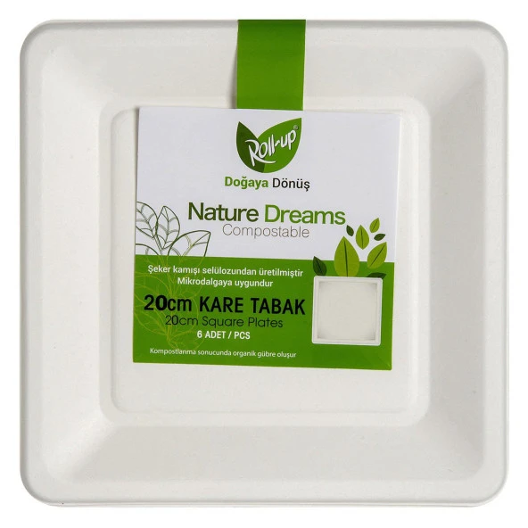 Roll-Up Nature Ekolojik Karton Kağıt Parti Tek Kullanımlık Kare Tabak - 20 Cm. - 6 Adetlik 10 Paket - Resim 2