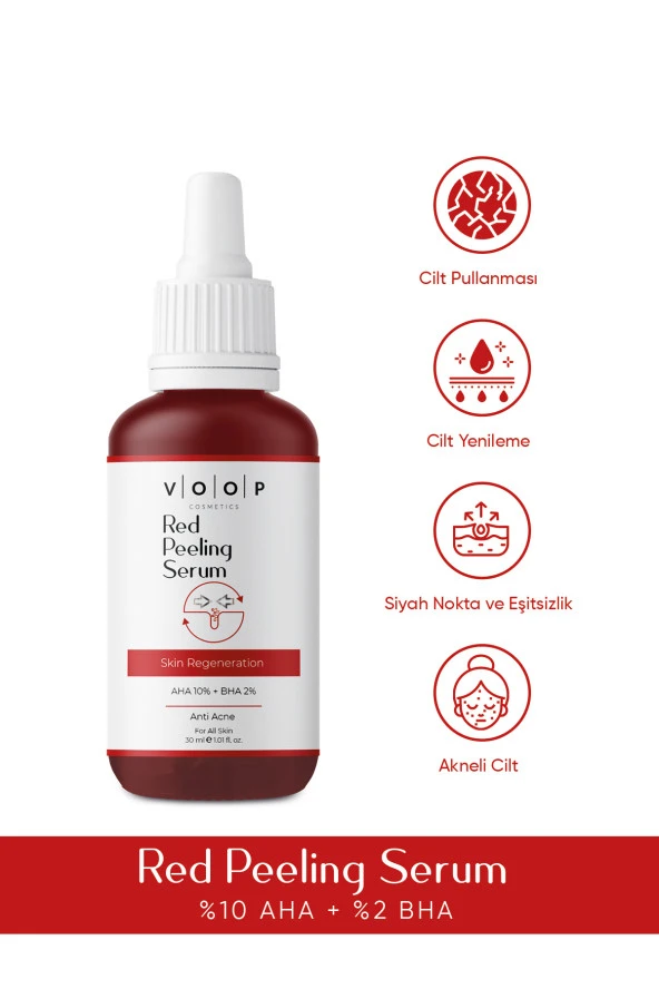 VOOP Cilt Bakımı Ve Yüz Serumu | Leke Karşıtı Özellikli Kırmızı Peeling Serum - 30 ml | 10 Aha, 2 Bha