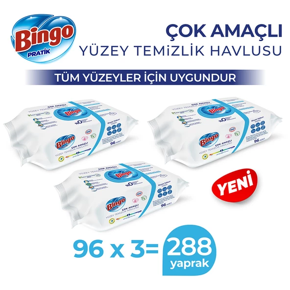 Bingo Pratik Yüzey Temizlik Havlusu Beyaz Sabun 96x3 (288 Yaprak)