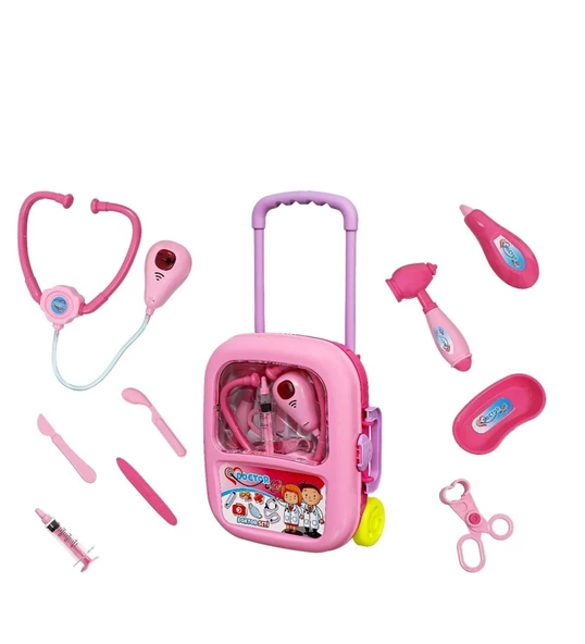Çek-Çek Valizli Büyük Boy 10 parça Işıklı-Sesli Medikal Doktor Seti 2in1 - Doktor Oyun Seti - 2