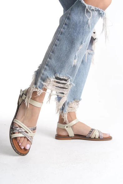 Hakiki Deri Kadın Sandalet Kemer Bağlamalı Açık Topuk - Resim 4