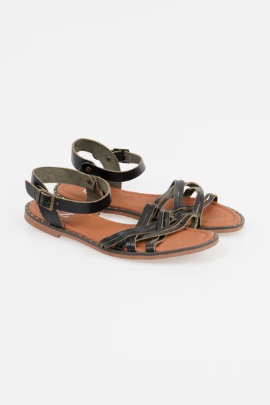 Hakiki Deri Kadın Sandalet Kemer Bağlamalı Açık Topuk - Resim 2