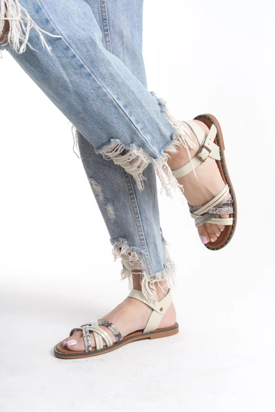 Hakiki Deri Kadın Sandalet Kemer Bağlamalı Açık Topuk - Resim 5