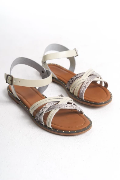 Hakiki Deri Kadın Sandalet Kemer Bağlamalı Açık Topuk - Resim 7