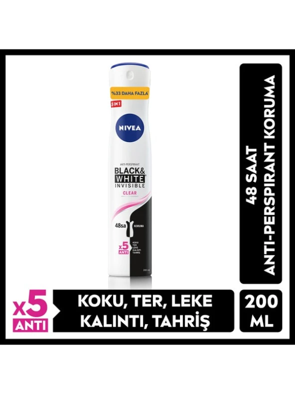 Nivea Kadın Sprey Deodorant Black & White Invisible Clear 48 Saat Anti-Perspirant Koruma 200 ml Ekonomik Boy