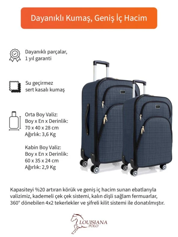 Louisiana Polo Orta ve Kabin Boy Valiz Seti 4 Teker Kumaş Valiz Lacivert 1081 - 2