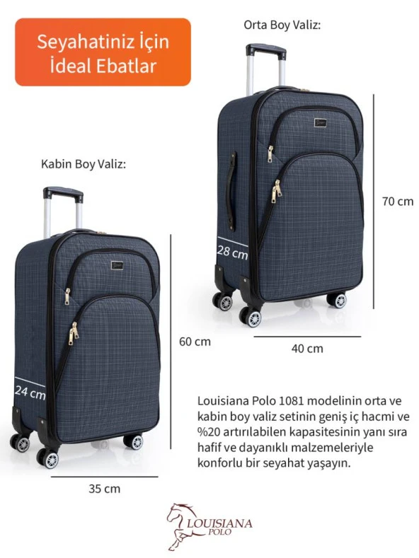 Louisiana Polo Orta ve Kabin Boy Valiz Seti 4 Teker Kumaş Valiz Lacivert 1081 - 3