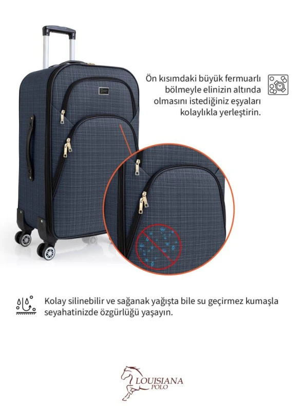 Louisiana Polo Orta ve Kabin Boy Valiz Seti 4 Teker Kumaş Valiz Lacivert 1081 - 6
