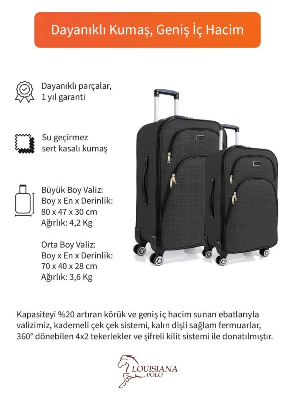 Louisiana Polo Büyük ve Orta Boy Valiz Seti 4 Teker Kumaş Valiz Antrasit 1081 - 2