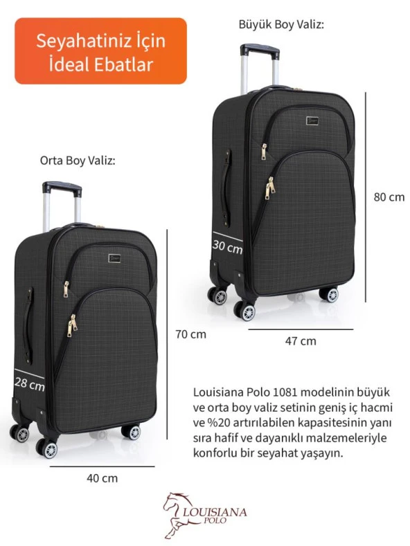 Louisiana Polo Büyük ve Orta Boy Valiz Seti 4 Teker Kumaş Valiz Antrasit 1081 - 3
