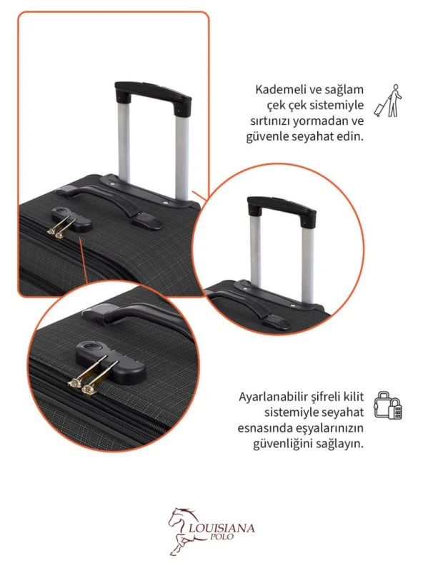Louisiana Polo Büyük ve Orta Boy Valiz Seti 4 Teker Kumaş Valiz Antrasit 1081 - 4