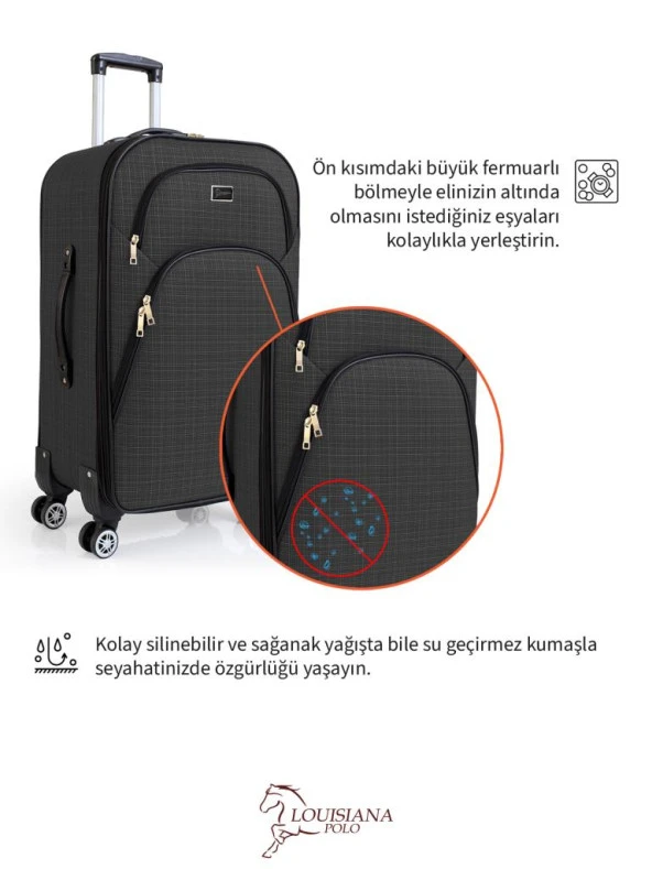 Louisiana Polo Büyük ve Orta Boy Valiz Seti 4 Teker Kumaş Valiz Antrasit 1081 - 6
