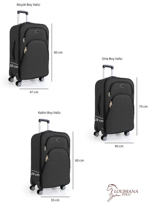 Louisiana Polo 3'lü Valiz Seti 4 Teker Kumaş Valiz Antrasit 1081 - 3