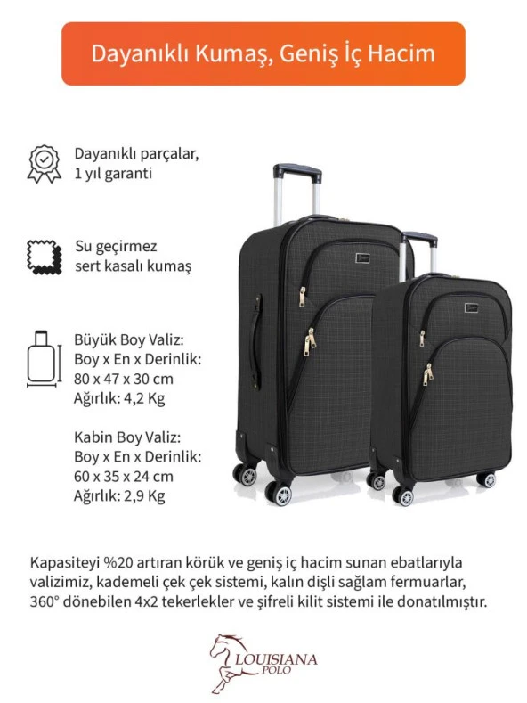 Louisiana Polo Büyük ve Kabin Boy Valiz Seti 4 Teker Kumaş Valiz Antrasit 1081 - 2