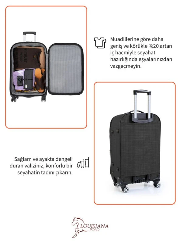 Louisiana Polo Büyük ve Kabin Boy Valiz Seti 4 Teker Kumaş Valiz Antrasit 1081 - 7