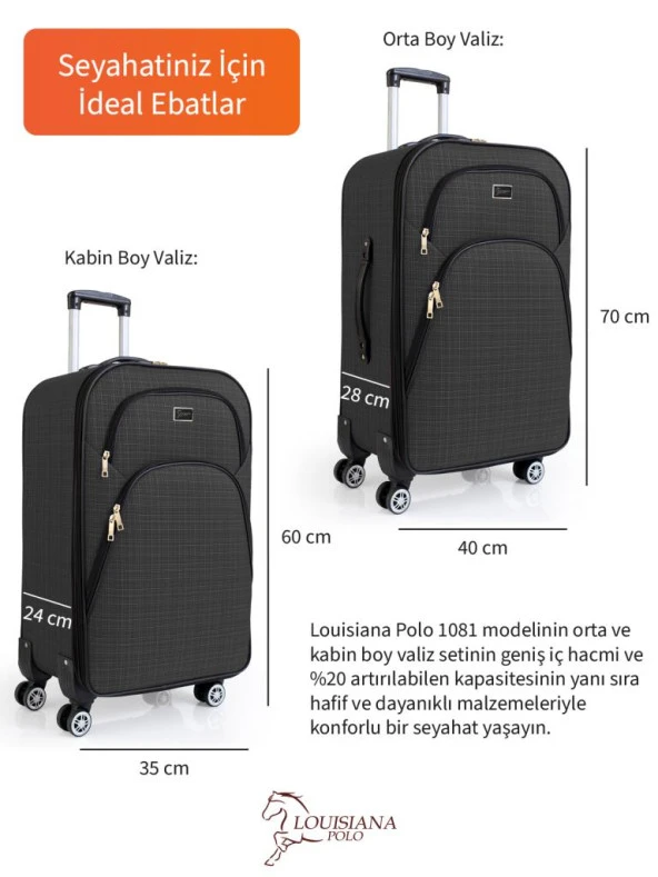Louisiana Polo Orta ve Kabin Boy Valiz Seti 4 Teker Kumaş Valiz Antrasit 1081 - 3