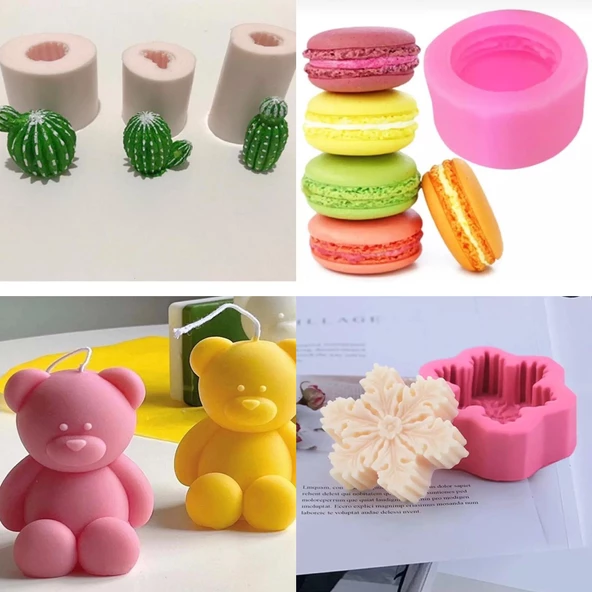 mum silikon kalıbı 4'lü set (macaron , kar tanesi , 3'lü kaktüs ,minik ayıcık)