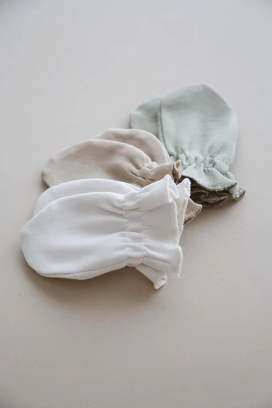 3lü Haki-Krem-Vizon Rengi Yenidoğan Eldiven Set Model 3 - 7