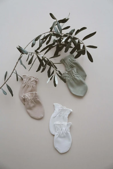 3lü Haki-Krem-Vizon Rengi Yenidoğan Eldiven Set Model 3 - 6