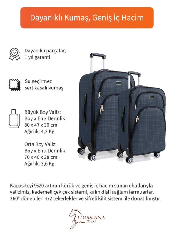 Louisiana Polo Büyük ve Orta Boy Valiz Seti 4 Teker Kumaş Valiz Lacivert 1081 - 2