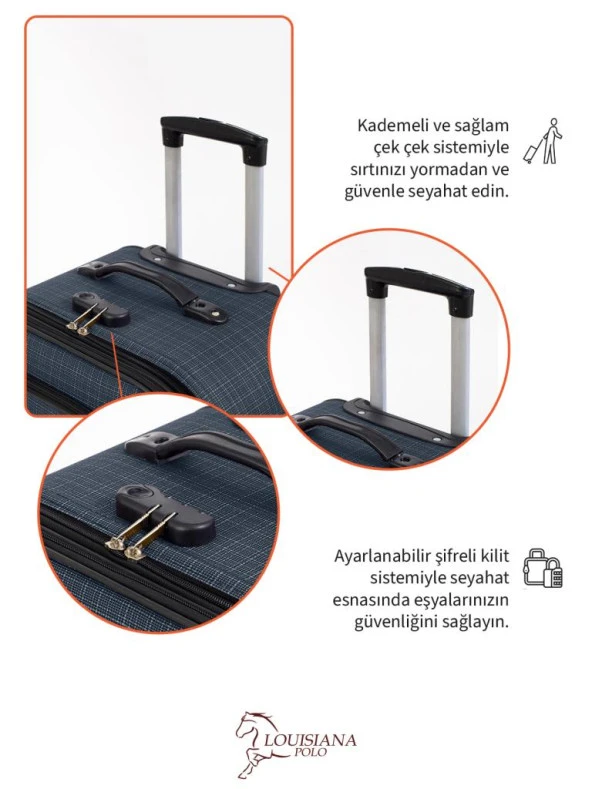Louisiana Polo Büyük ve Orta Boy Valiz Seti 4 Teker Kumaş Valiz Lacivert 1081 - 4