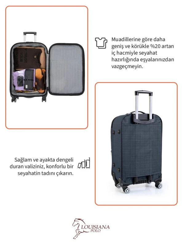 Louisiana Polo Büyük ve Orta Boy Valiz Seti 4 Teker Kumaş Valiz Lacivert 1081 - 7