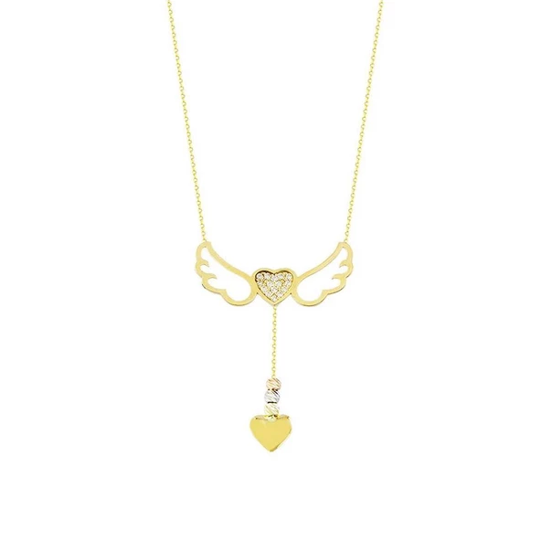 Melek Kanad Altın Kolye Kalpli 14K Gold