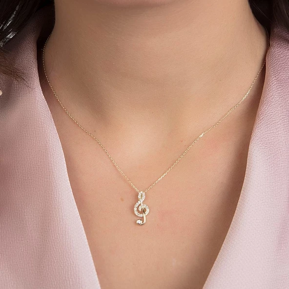 Müzik Notası Altın Kolye 14K Gold Taşlı - Resim 2