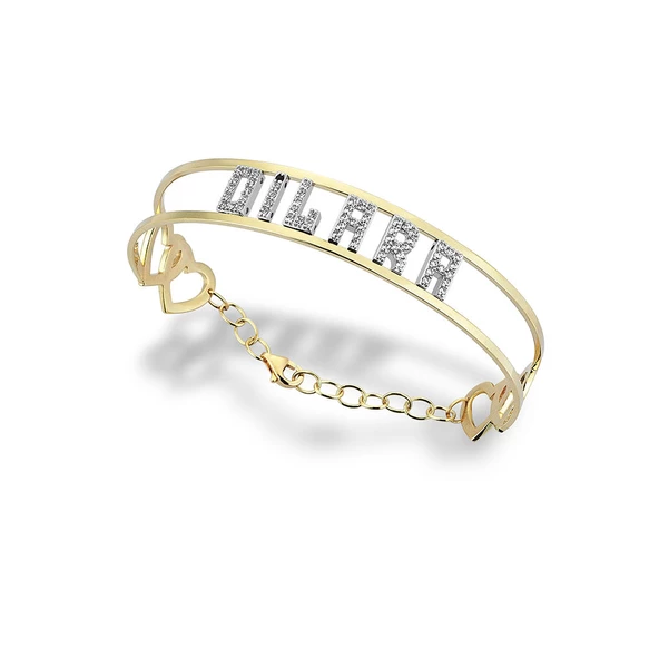 İsimli Altın Kelepce Yeni Tasarım 14 K Gold Taşlı