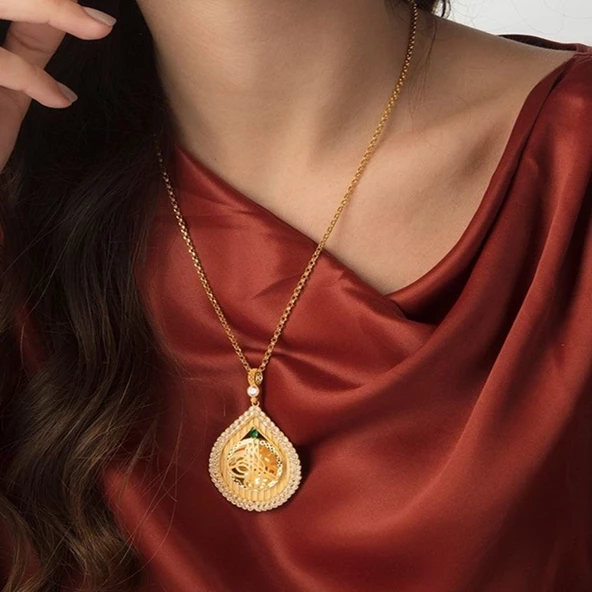 Tuğralı Kolye 14K Altın Damla Tasarım Arpa - Resim 2