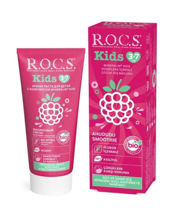 Rocs Kids 3-7 Yaş Ahududu Smoothıe Tadında Florürsüz Diş Macunu 35 ml