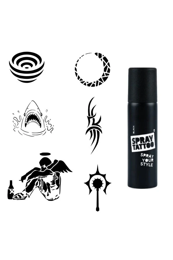 Efkar ve Şerit Spray Tattoo Geçici Dövme Seti Dark Siyah Sprey