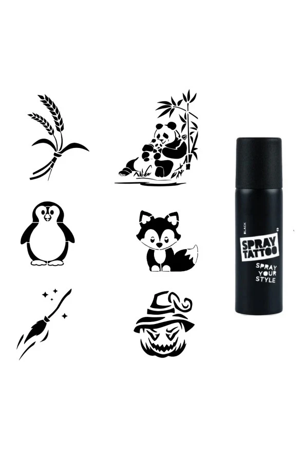 Anne Yavru Panda Spray Tattoo Geçici Dövme Seti Dark Siyah Sprey